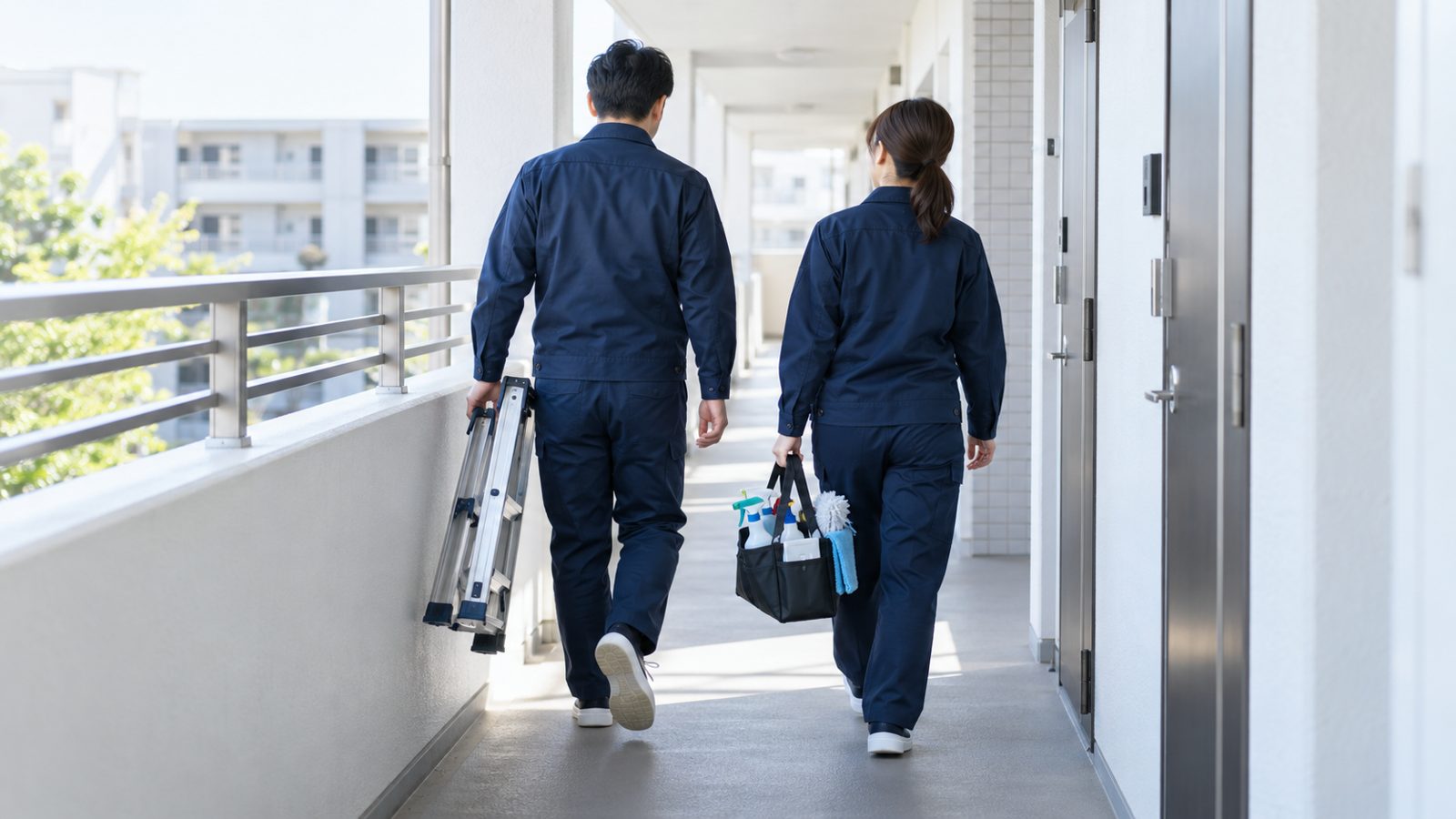 作業着の夫婦が、掃除道具を持ってマンションの廊下を歩いている