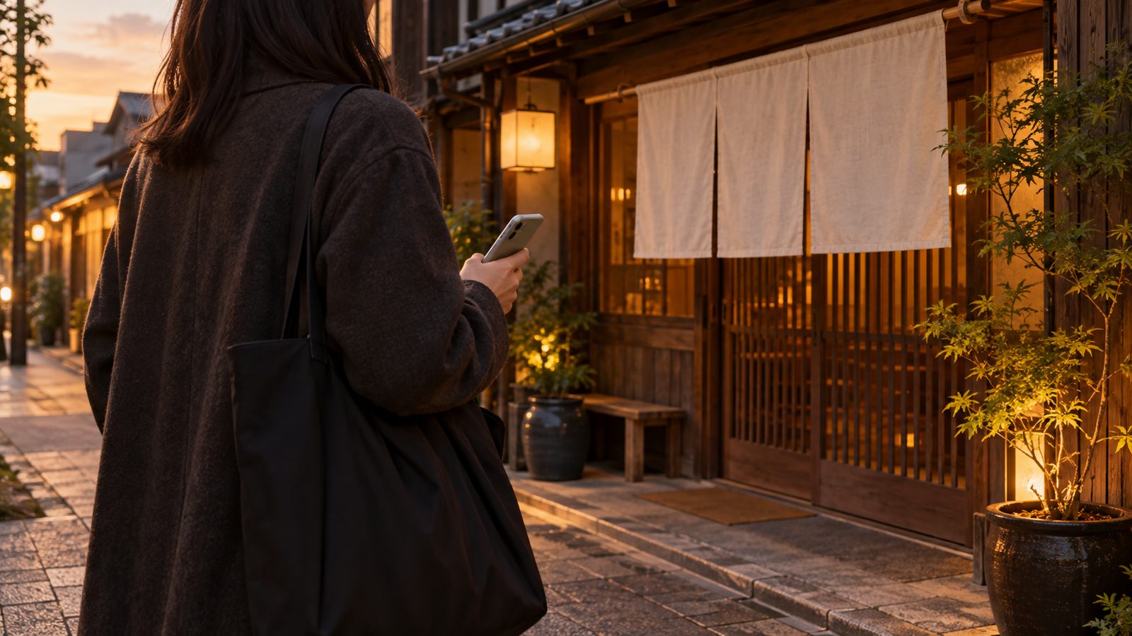 夕方、お店の前でスマートフォンを見ている人